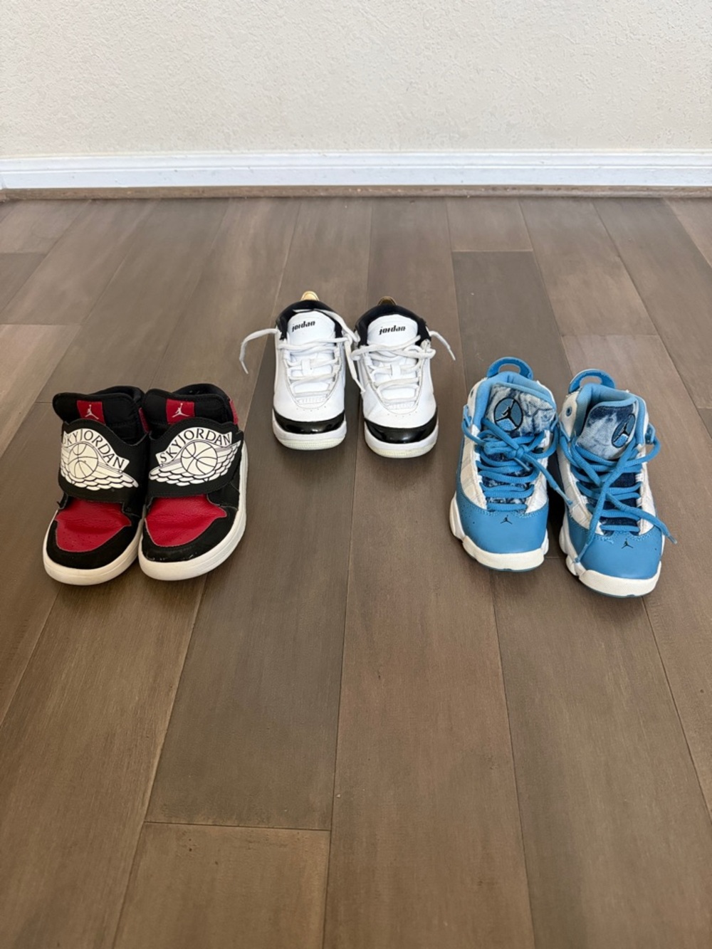 Jordan Kids Sneakers Trio - Red/Black, White/Black, Blue/White